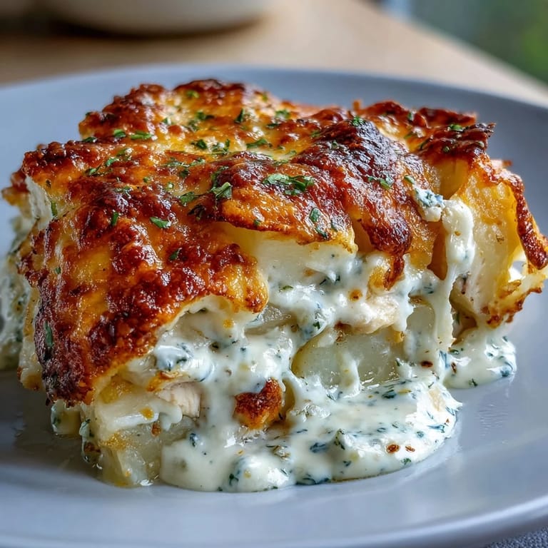 A spoon lifts from the creamy ranch chicken potato bake, revealing tender chicken cubes and layered potatoes in a rich, seasoned sauce.