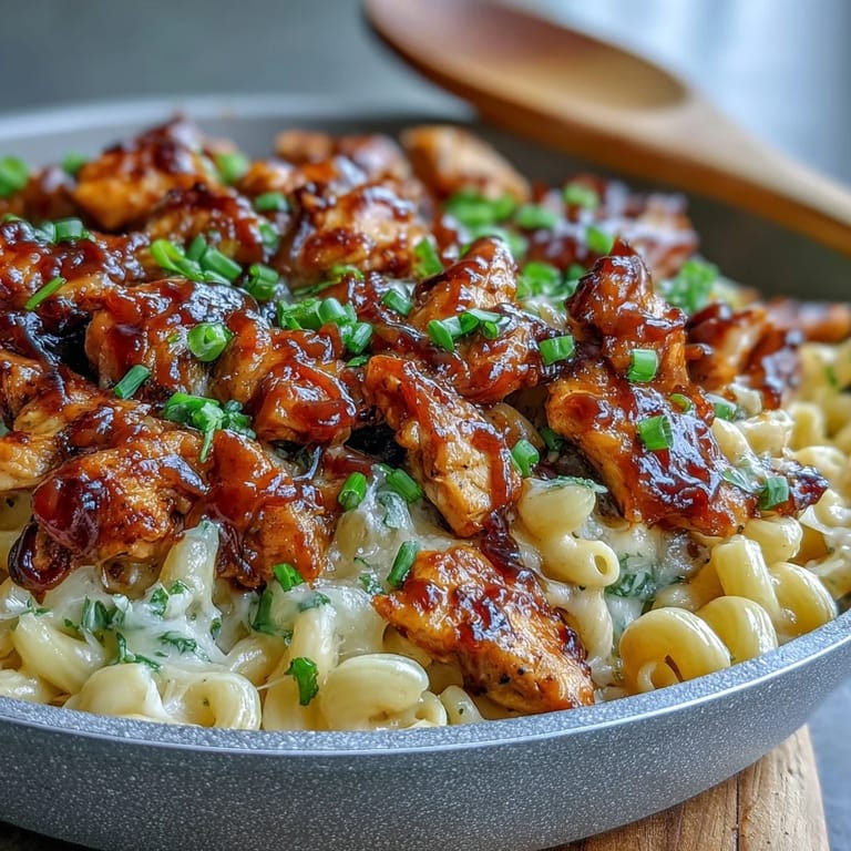 Sticky Honey BBQ Chicken Pasta Skillet served bubbling from the pan, garnished with parsley for a hearty, easy weeknight family dinner.