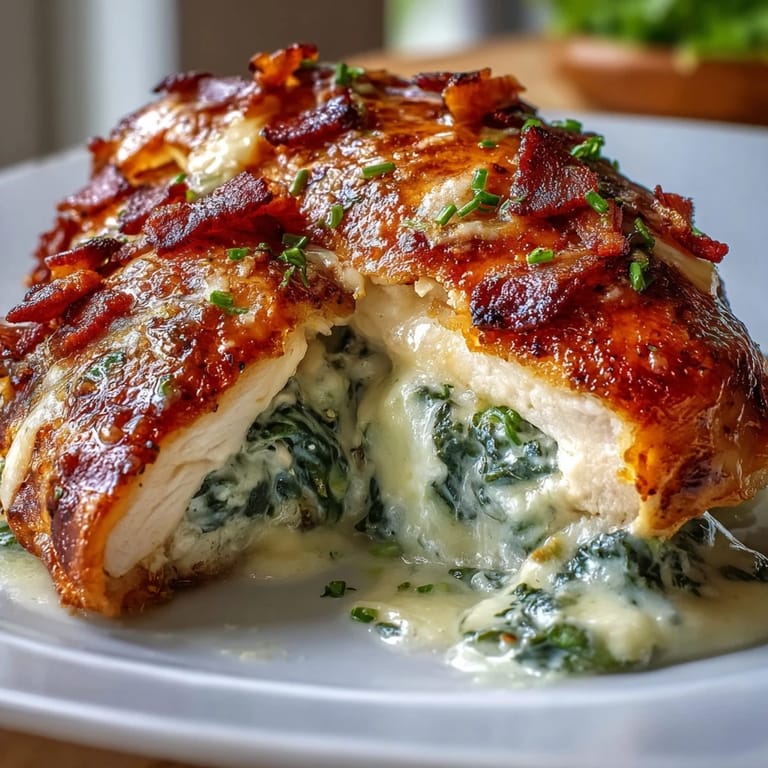 Golden Keto Spinach and Bacon Stuffed Chicken Breasts on a white plate, drizzled with aromatic garlic butter and garnished with fresh herbs.