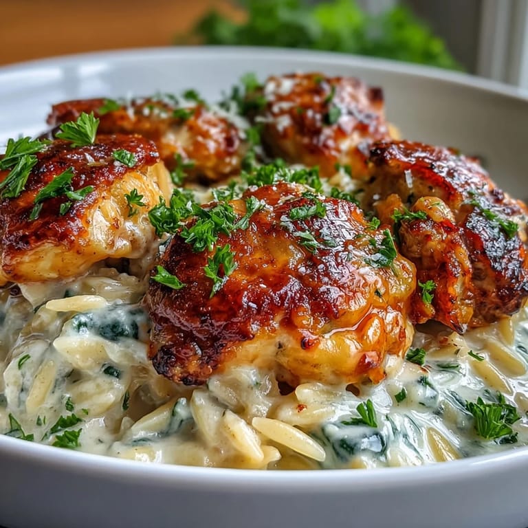 This comforting One-Pot Creamy Garlic Parmesan Chicken Orzo is topped with wilted spinach and parsley.