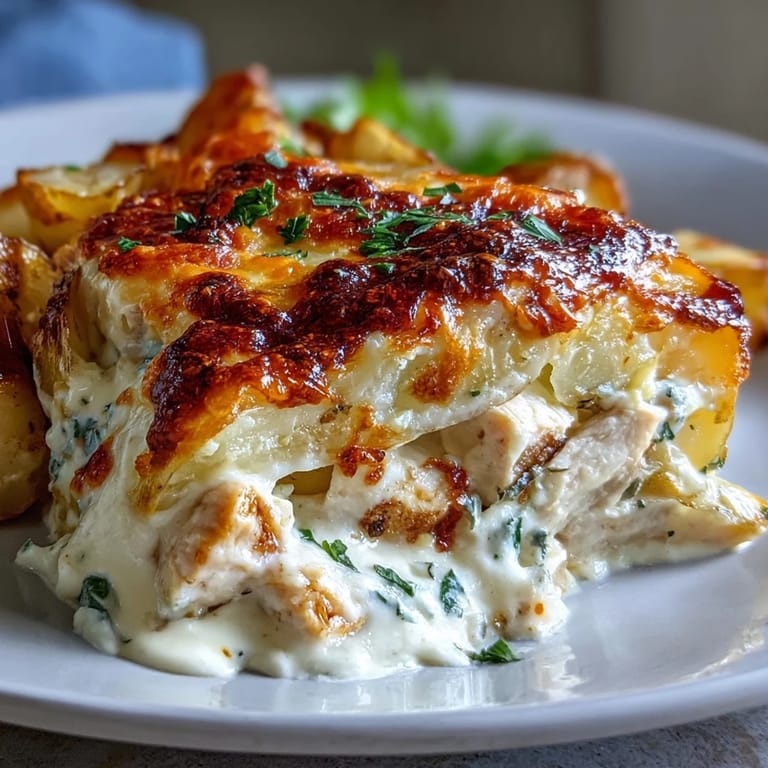 A spoon lifts from the creamy ranch chicken potato bake, revealing tender chicken cubes and layered potatoes in a rich, seasoned sauce.
