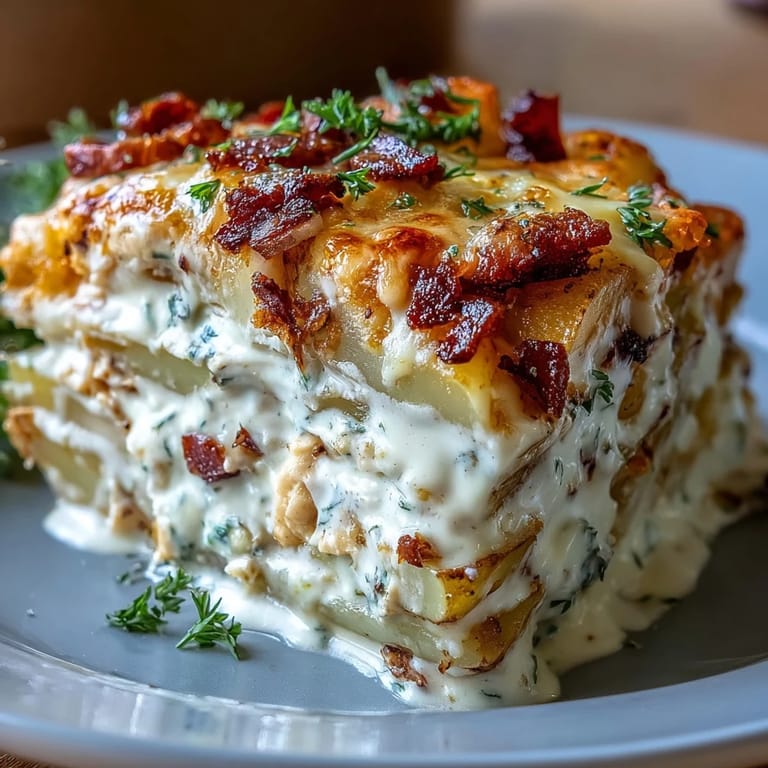 A rustic serving of creamy ranch chicken potato bake rests beside a crisp green salad and glass of Chardonnay.