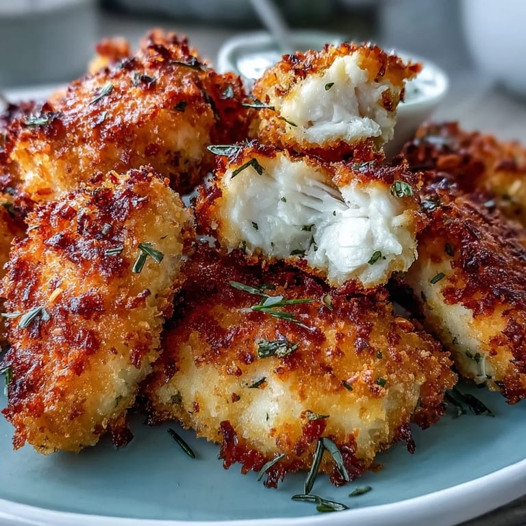 Asiago Panko Chicken Bites paired with marinara on a rustic plate, ideal for game day appetizers or salads.