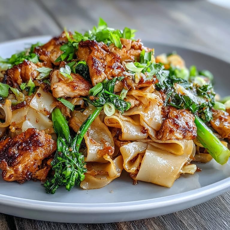 3. Flavorful Thai Pad See Ew with wide rice noodles, savory sauce, and tender chicken in a hot wok.