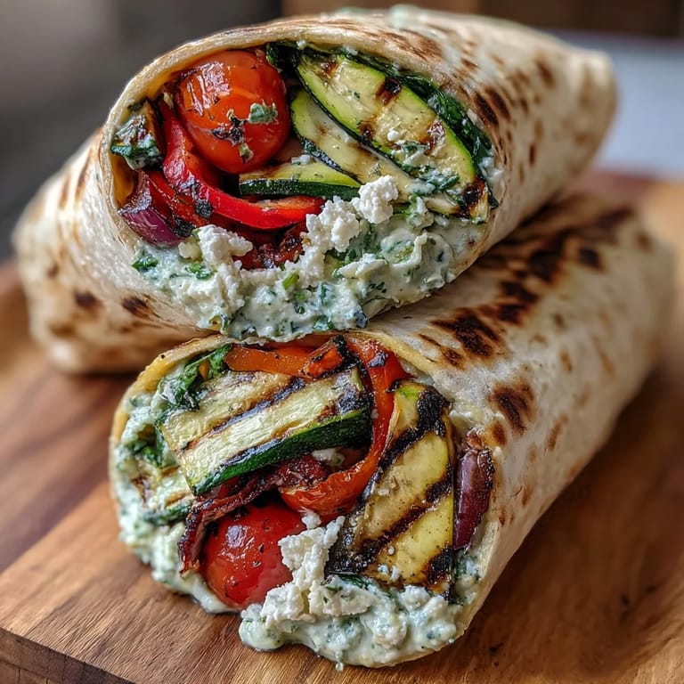 Smoky grilled vegetables and creamy hummus wrapped in a tortilla with feta and spinach for a fresh, flavorful meal.