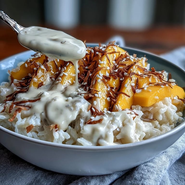 Tropical vegan breakfast featuring tender coconut-infused sticky rice, fresh ripe mango, and a luscious coconut cream topping for a nourishing morning.