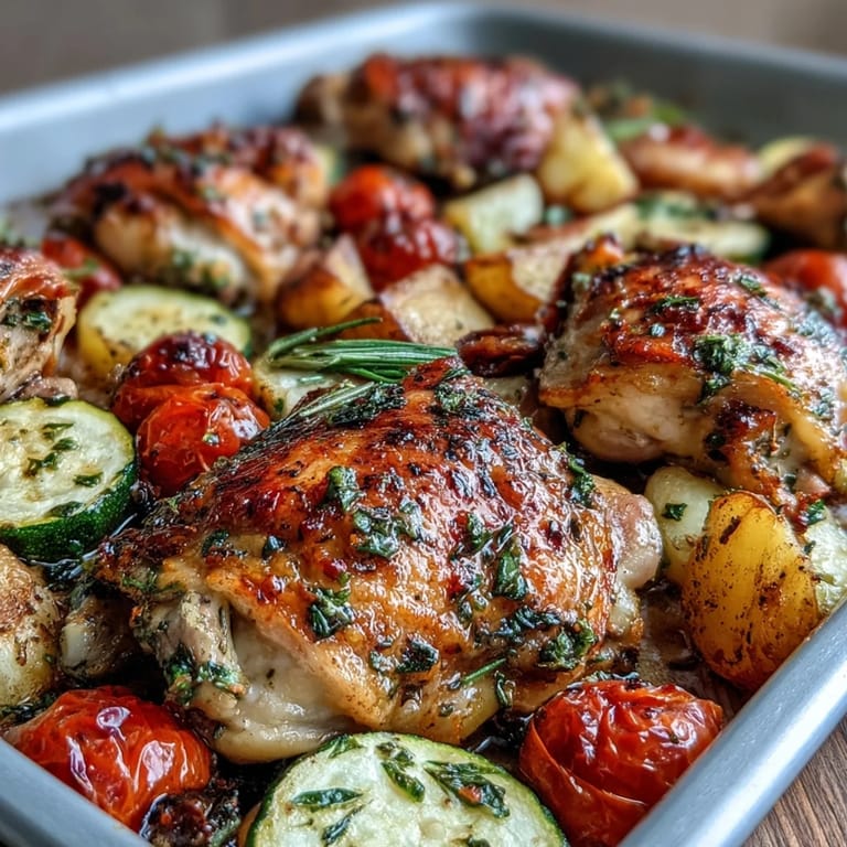 A vibrant Mediterranean chicken recipe with zucchini, red onion, and potatoes roasted together for a flavorful, healthy family meal.