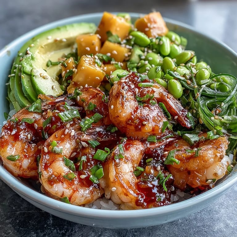 Light and satisfying shrimp poke bowl with sweet mango, protein-rich edamame, and crunchy vegetables, garnished with sesame seeds and fresh cilantro.