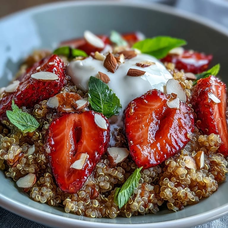 Refreshing quinoa bowl topped with juicy strawberries, sliced basil, and plant-based yogurt, garnished with almonds and chia seeds for crunch.  