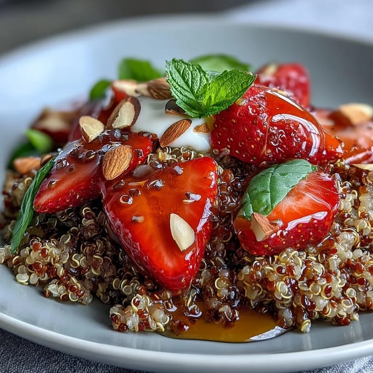 Colorful breakfast bowl featuring warm quinoa, ripe strawberries, fresh basil, and a drizzle of vegan honey, perfect for a nourishing morning.