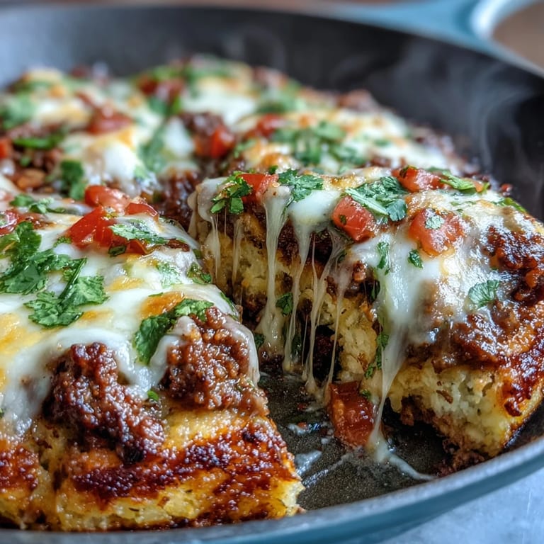 Golden baked cauliflower crust topped with spicy taco meat, black olives, and fresh diced tomatoes for a satisfying Tex-Mex fusion meal.  