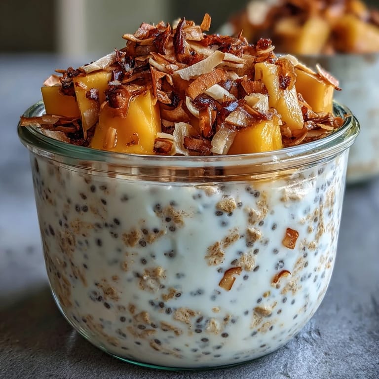 A tropical vegan breakfast featuring overnight oats with mango, coconut milk, and a golden coconut almond crunch.