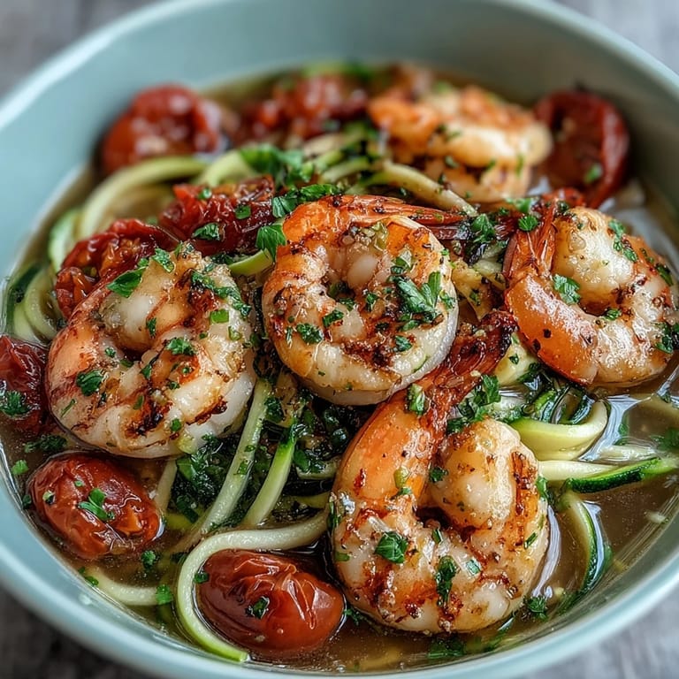 A quick and healthy 15-Minute Zucchini Noodle Shrimp Bowl with Lemon-Garlic Broth, bursting with fresh parsley and cherry tomatoes.  