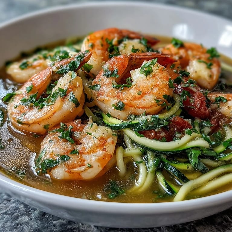Vibrant 15-Minute Zucchini Noodle Shrimp Bowl with Lemon-Garlic Broth, a low-carb dish with succulent shrimp and a fragrant, citrusy broth.