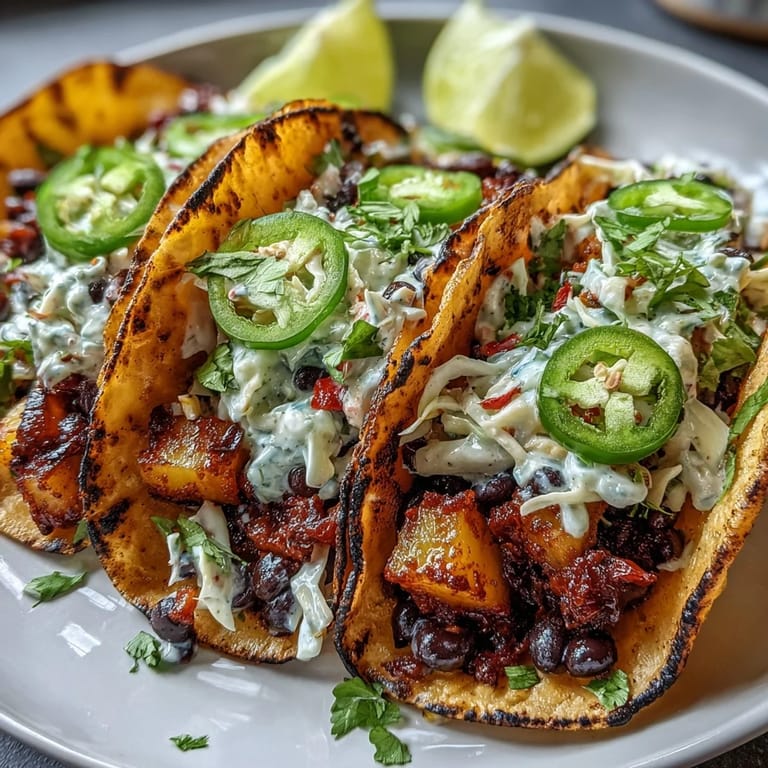 Vegan tacos filled with juicy pineapple, black beans, and smoky spices, topped with crunchy slaw.  