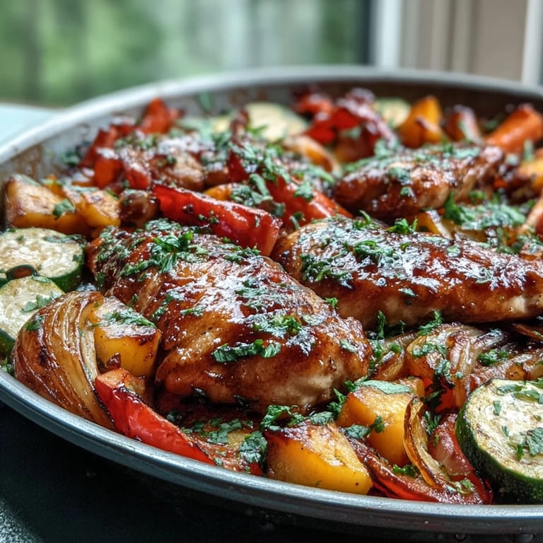 Vibrant roasted chicken and vegetables with mango, chili seasoning, and fresh cilantro garnish.