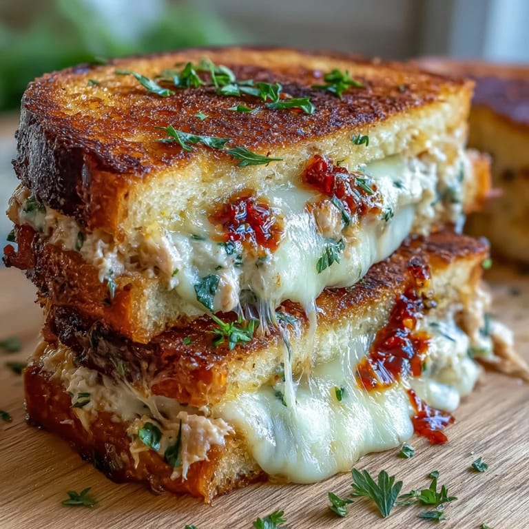 Warm, gooey Spicy Tuna Melt with Calabrian Chili, featuring creamy tuna salad and a bold chili kick on crispy bread.  