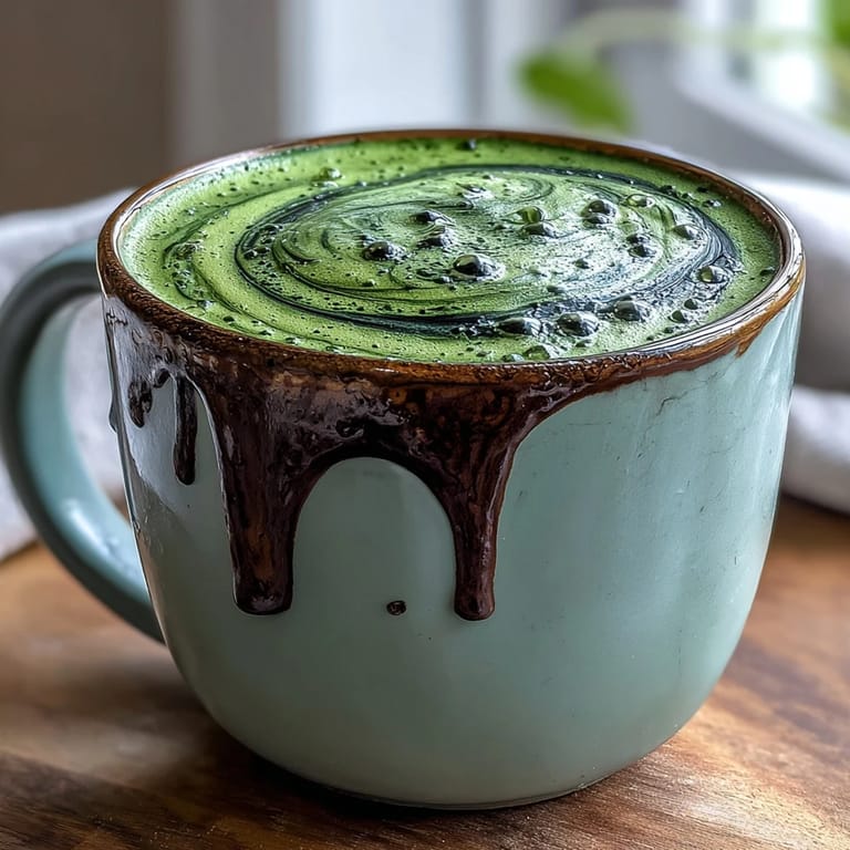 Two steaming cups of black sesame matcha latte, frothy and marbled with roasted sesame paste, perfect for a comforting afternoon treat.  