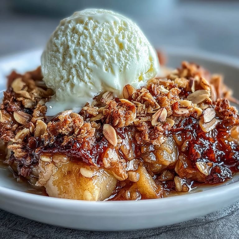 Warm spiced apples with fragrant cardamom, nestled under a crisp, buttery oat and almond topping for a cozy dessert.