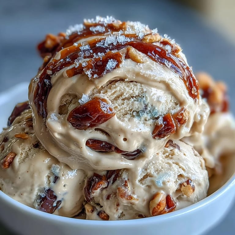 Velvety tahini ice cream swirled with luscious dates and sea salt, served in a chilled glass dish.