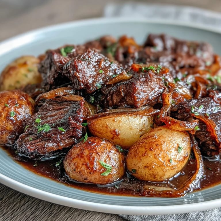 2. Comforting nikujaga featuring braised beef slices, waxy potatoes, and carrots simmered in a sweet-savory broth, garnished with fresh snow peas.  