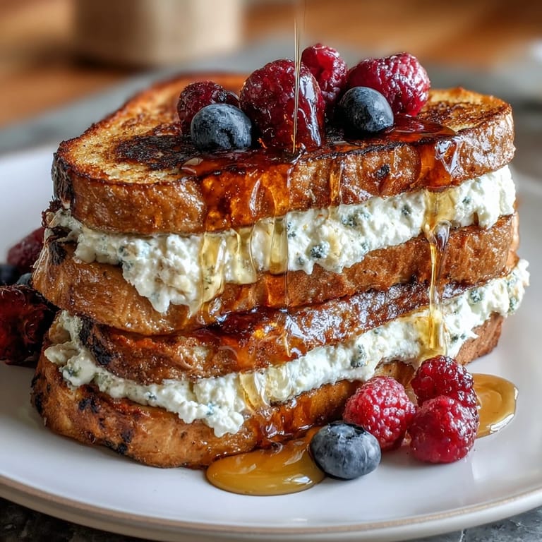 Creamy ricotta on crispy sourdough, finished with a sweet-salty honey drizzle and juicy berries for breakfast bliss.
