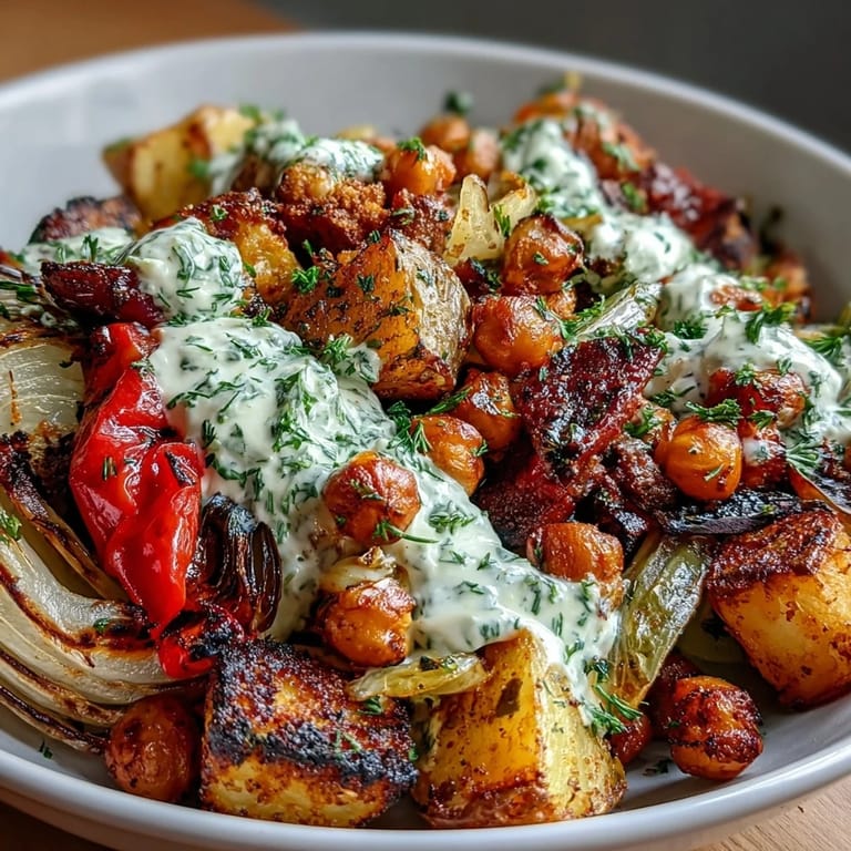 Wholesome roasted vegetable and chickpea bowl served over rich, garlicky tzatziki with fresh dill and lemon, packed with Mediterranean flavors.  