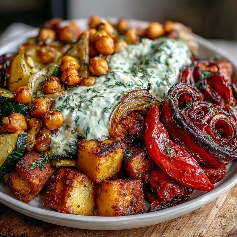 Colorful mix of roasted potatoes, bell peppers, onions, and chickpeas topped with smooth tzatziki in a nourishing Mediterranean-style meal.