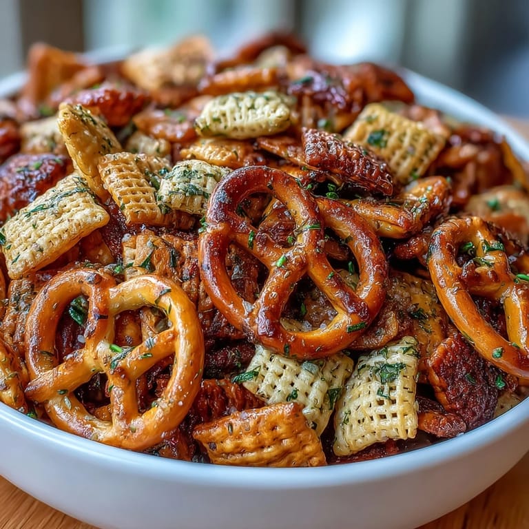 Golden-brown Dill Pickle Chex Mix with savory dill, garlic, and onion flavors, baked to crunchy perfection and ready to share.