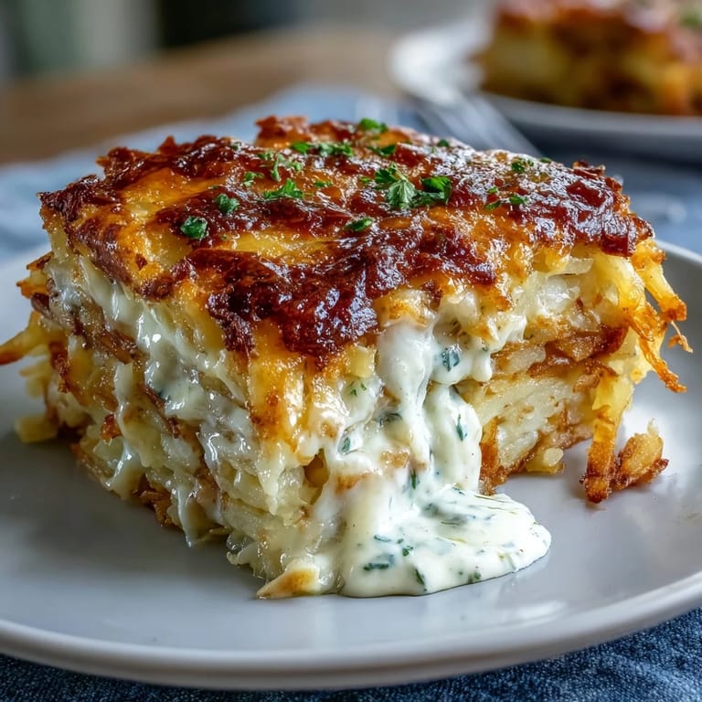Baked hashbrown casserole with rich, cheesy layers and a bubbling, golden-brown top, just like the Cracker Barrel favorite.