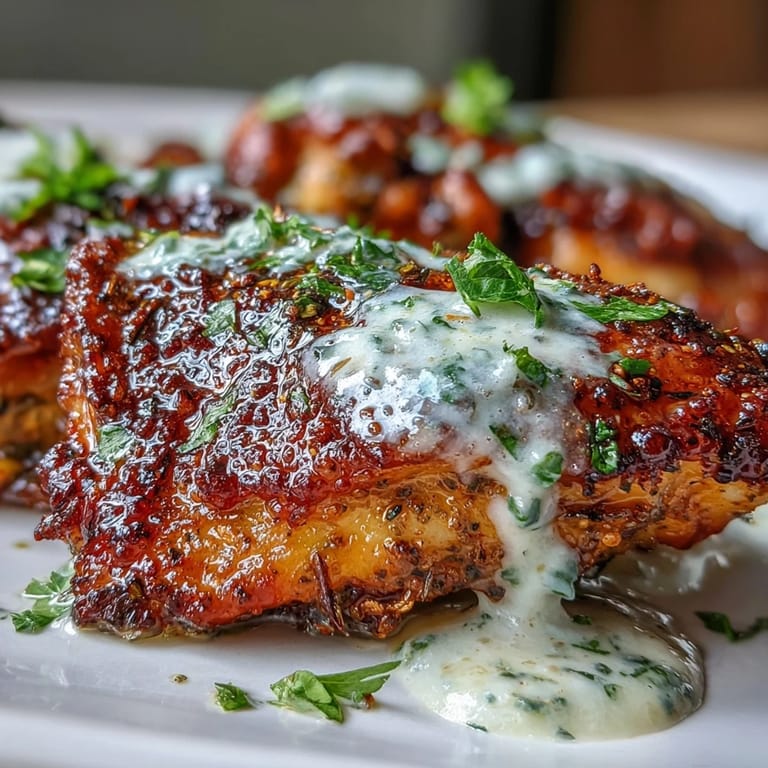 Oven-roasted zaatar chicken thighs topped with velvety tahini sauce, offering bold Middle Eastern flavors.