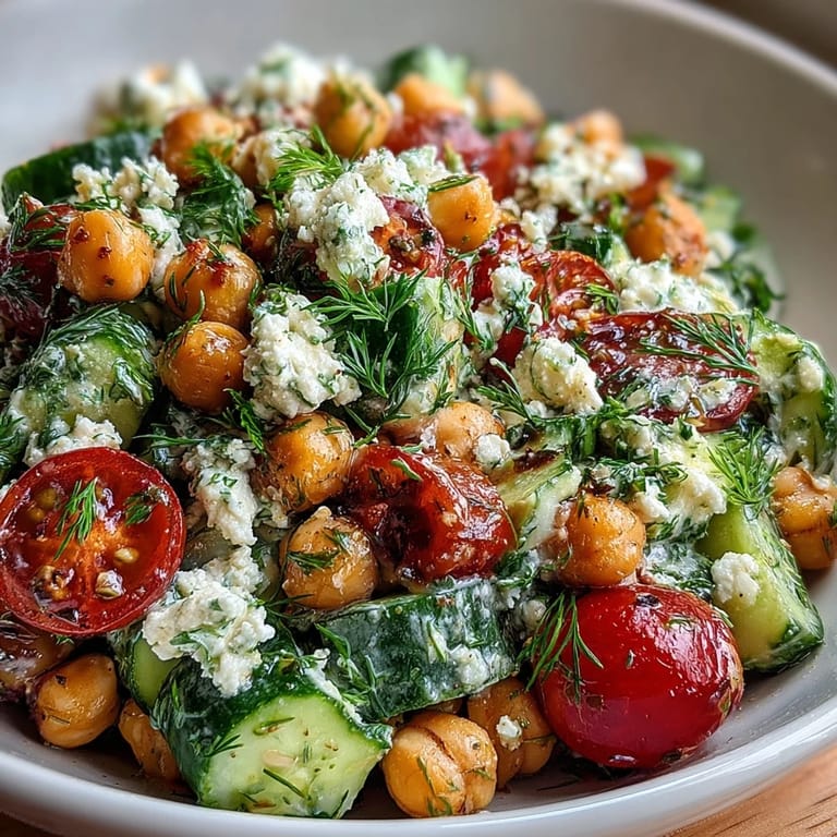 Healthy vegetarian chickpea cucumber salad with feta and tomatoes, perfect for quick lunches or light Mediterranean-inspired dinners.