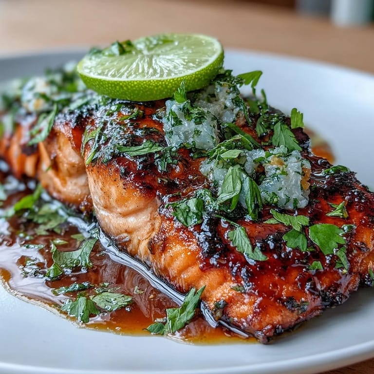 2. Juicy baked salmon fillets coated in honey-lime garlic butter, garnished with chopped cilantro.  