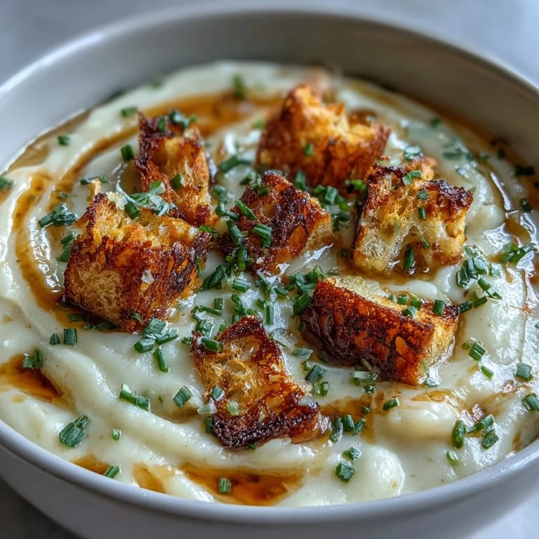 A steaming bowl of velvety leek and potato soup topped with crisp sourdough croutons, perfect for a cozy meal.