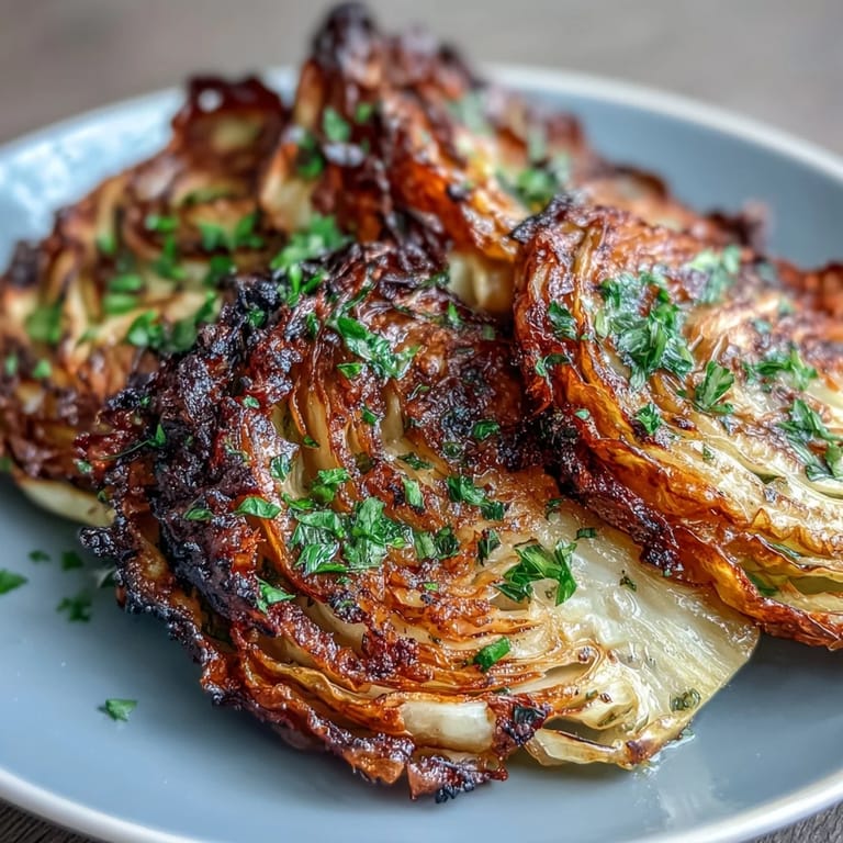 Golden-brown cabbage steaks air-fried until edges are caramelized and finished with fragrant garlic herb butter.  