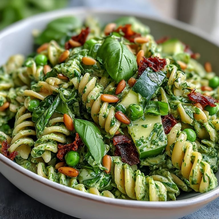 Colorful fusilli pasta salad tossed with crisp sugar snap peas, spinach, and green goddess dressing for a light meal.  