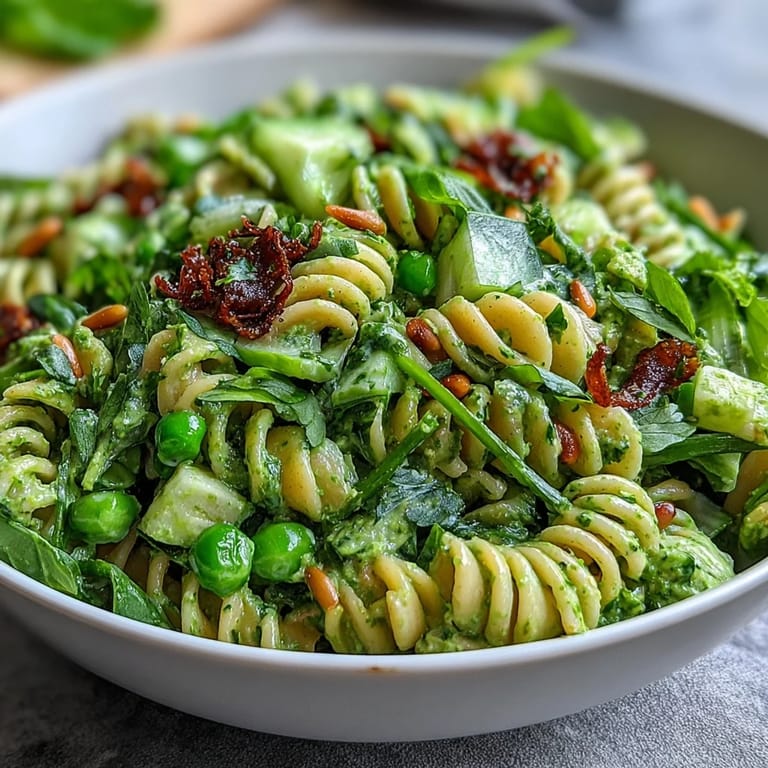Creamy green goddess dressing coats tender pasta, fresh peas, and herbs in this refreshing spring salad with avocado.