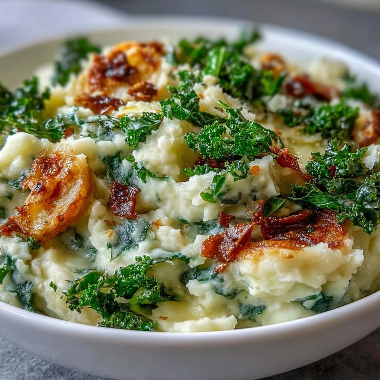 Golden mashed potatoes blended with tender leeks and topped with crunchy roasted kale leaves for a delightful twist on traditional colcannon.