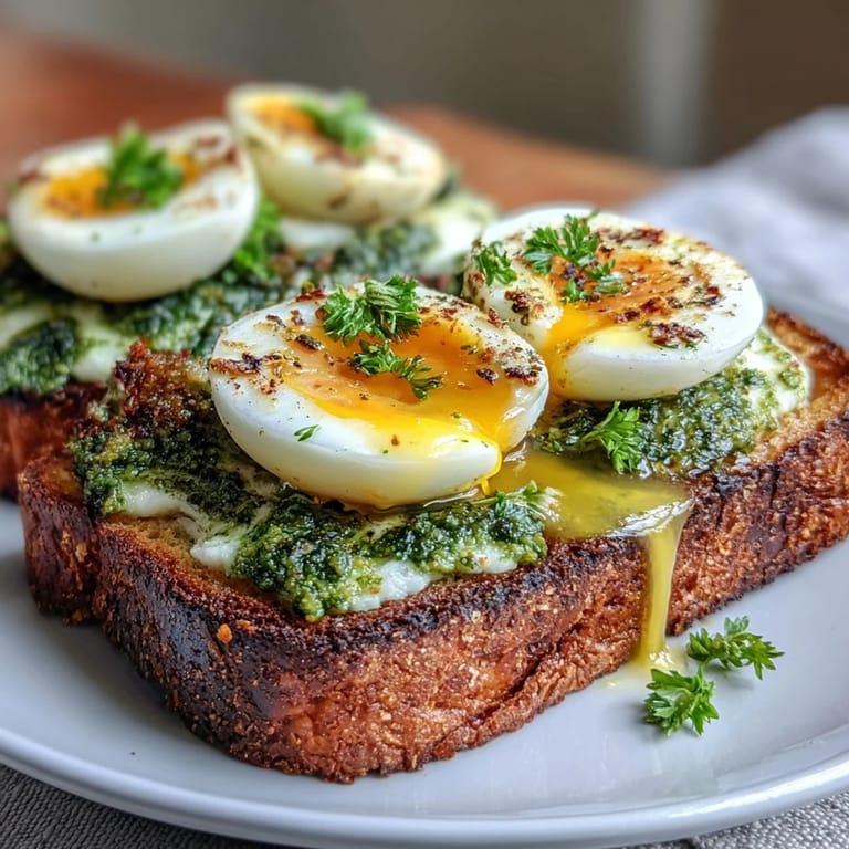 Bright green spinach pesto spread over crisp sourdough toast, crowned with a halved soft-boiled egg and fresh herbs.  