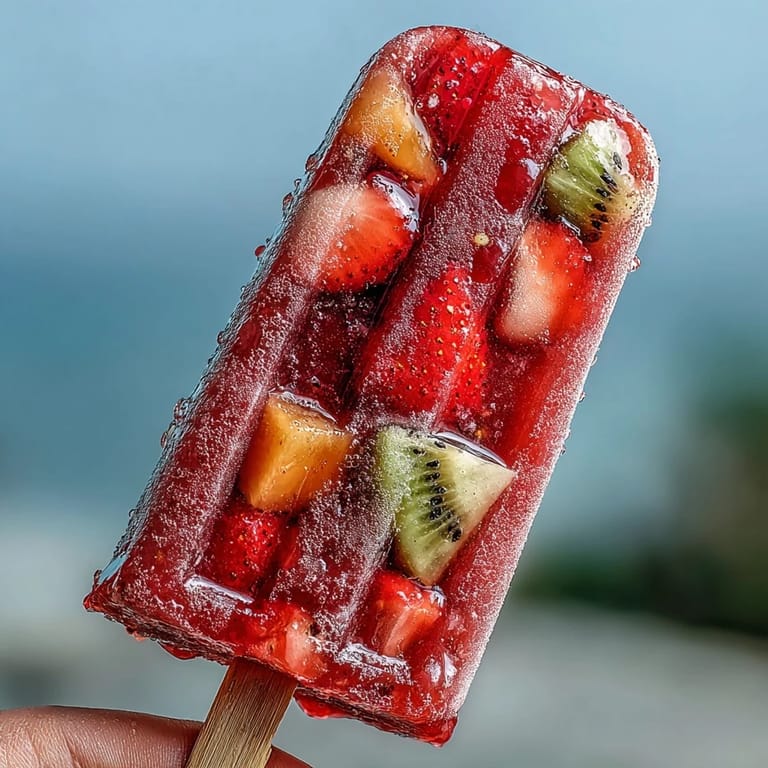 Vibrant strawberry daiquiri popsicles featuring fresh mango, pineapple, and kiwi chunks, creating a colorful frozen treat that's ideal for adult gatherings.