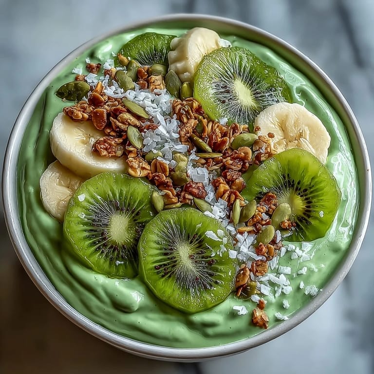 Creamy Shamrock Green Smoothie Bowl featuring kiwi, spinach, and yogurt, decorated with mint and sliced fruit.