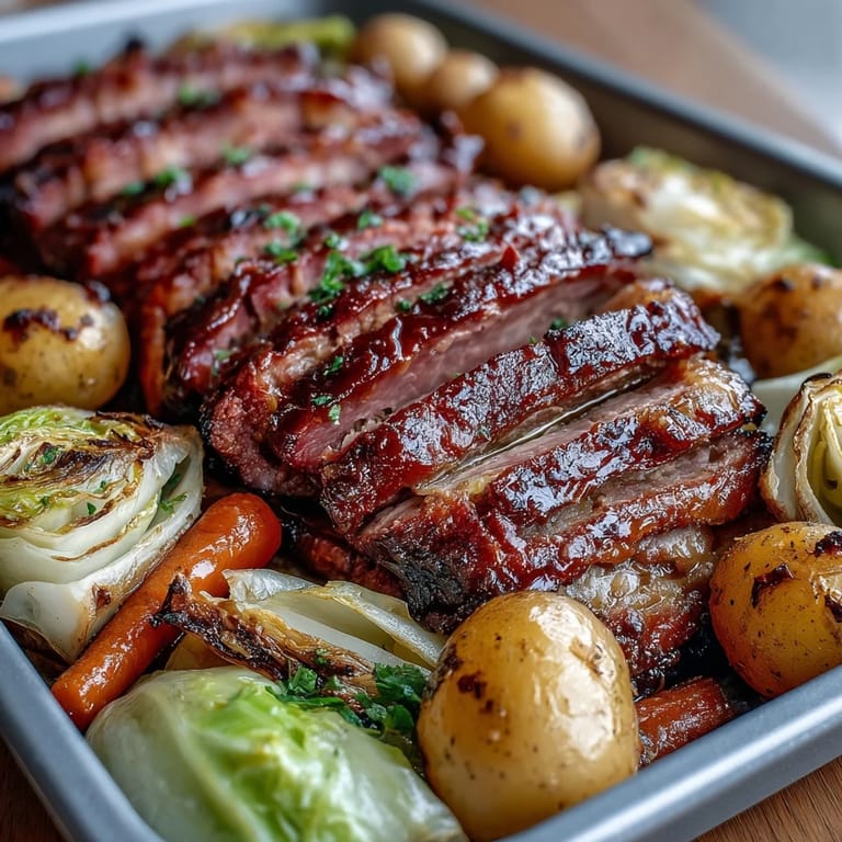 Golden roasted corned beef slices nestled among crisp cabbage wedges and seasoned potatoes.  