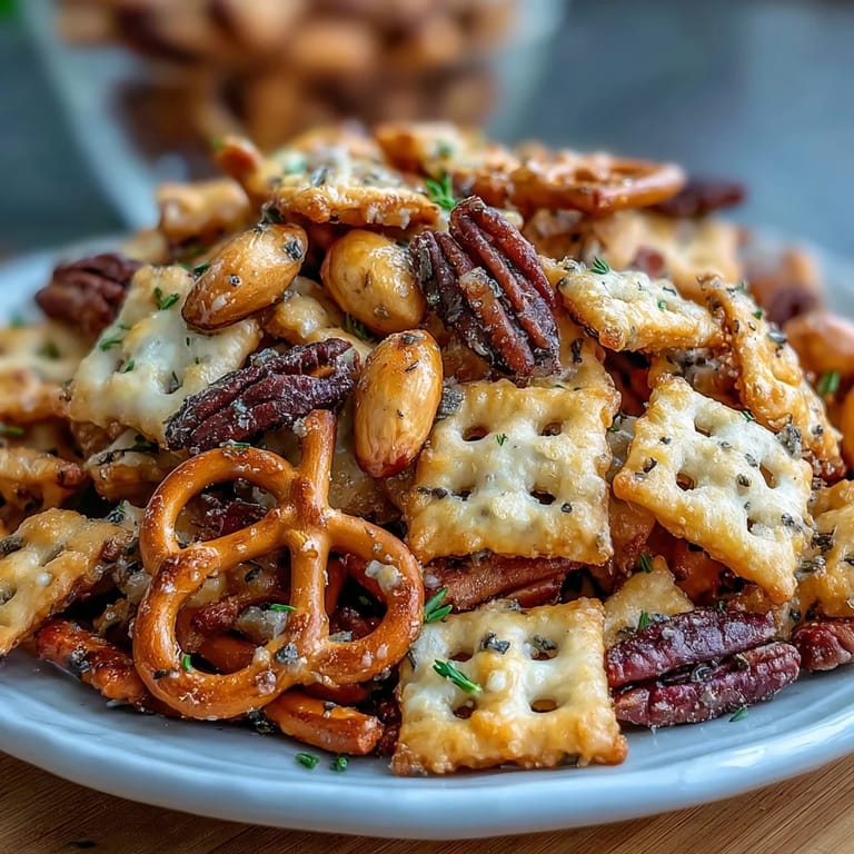 Golden sourdough Cheez-Its snack mix with crunchy pretzels and roasted nuts, ideal for parties or game day.