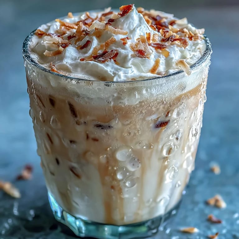 Refreshing vanilla bean coconut frappuccino mocktail, a dairy-free blended drink garnished with coconut flakes and vanilla bean.