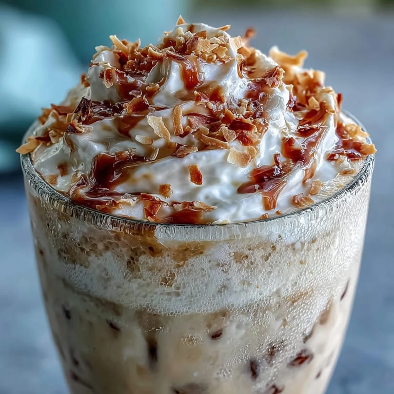 Velvety vanilla bean frappuccino mocktail with rich coconut cream, blended smooth and served in a chilled glass.