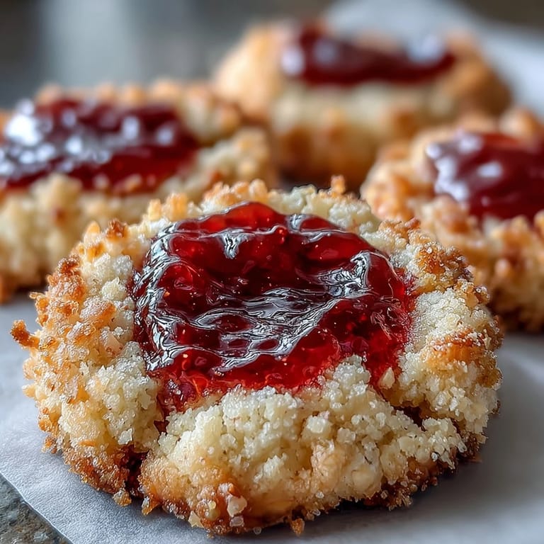 Homemade thumbprint cookies with buttery shortbread and fresh strawberry jam, perfect for summer parties and afternoon tea.