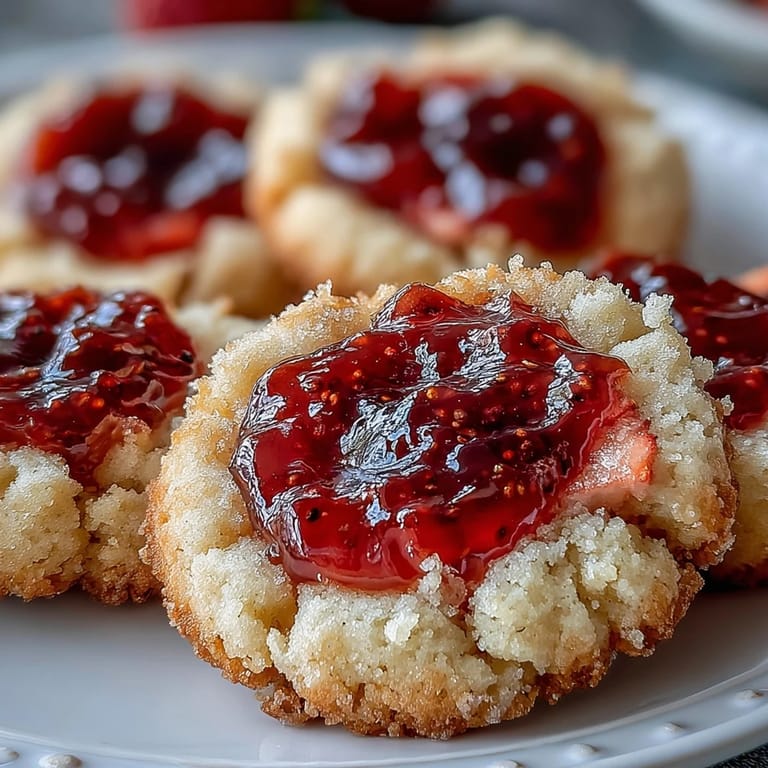 Golden-baked shortbread cookies filled with vibrant strawberry jam, dusted with powdered sugar for a delightful picnic treat.  
