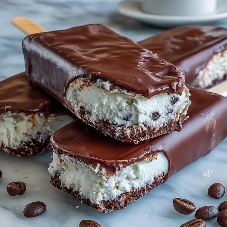 Homemade vanilla bean coffee popsicles with a decadent chocolate coating, ideal for cooling down on a hot day.