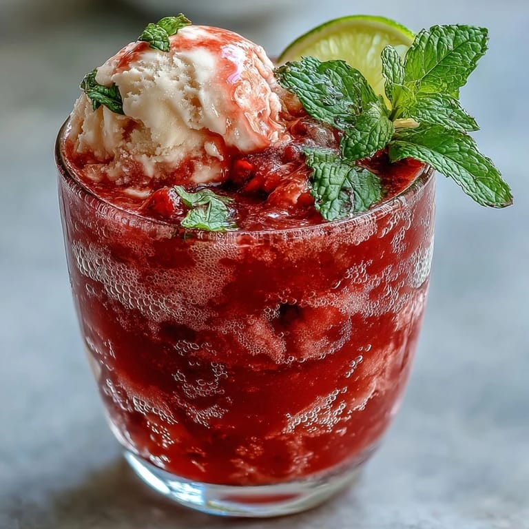 Layers of blended strawberries, lime juice, and rum topped with ice cream and fizzy water in a tall glass, perfect for summer.