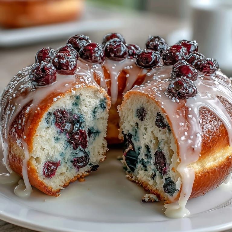 Golden homemade bagels bursting with juicy blueberries, drizzled with a tangy lemon glaze for a fresh, energizing treat.  